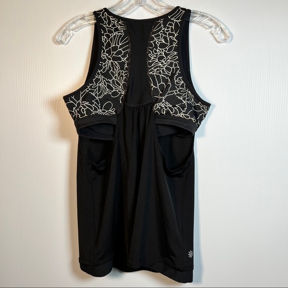 ATHLETA Black Top with built in bra. Floral side panels open underarms. Size M - Picture 3 of 8